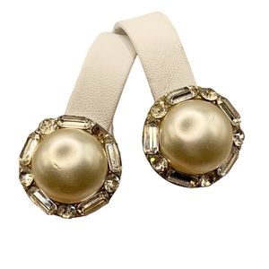 Coro vintage baguette rhinestone pearl round button dome sparkling earrings